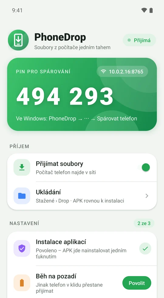 PhoneDrop v Androidu: PIN pro spárování, příjem a kontrolní seznam