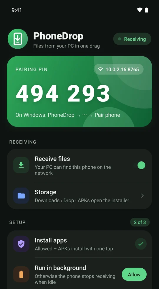 PhoneDrop on Android in dark mode