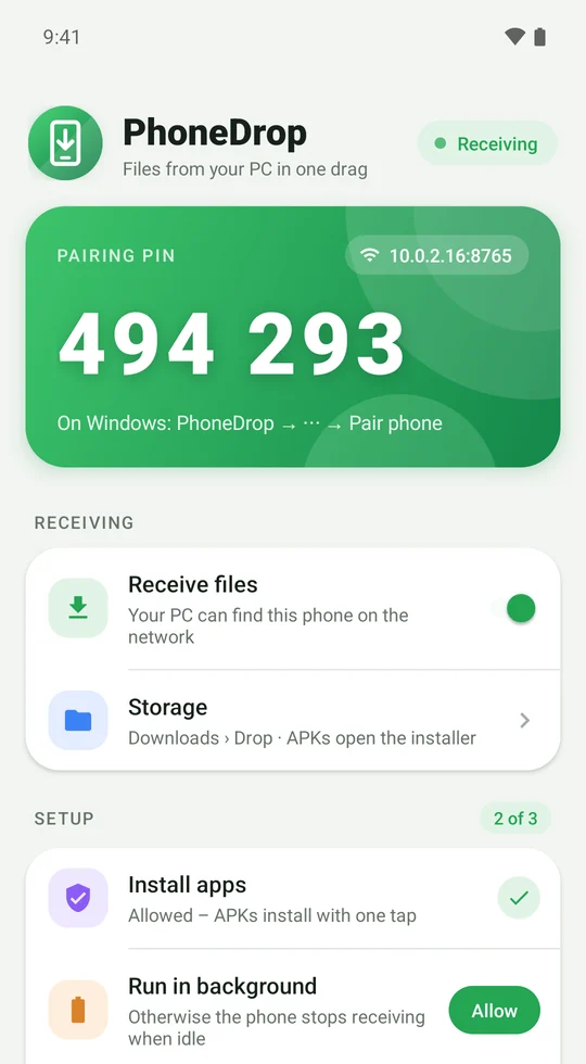 PhoneDrop on Android: pairing PIN, receiving switch and setup checklist