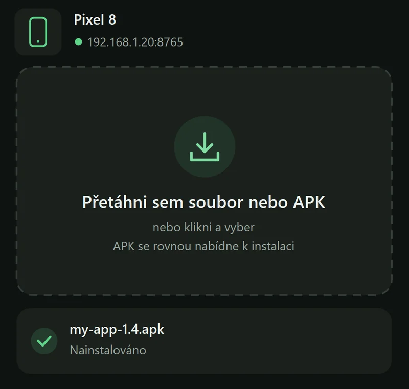 PhoneDrop ve Windows v tmavém režimu